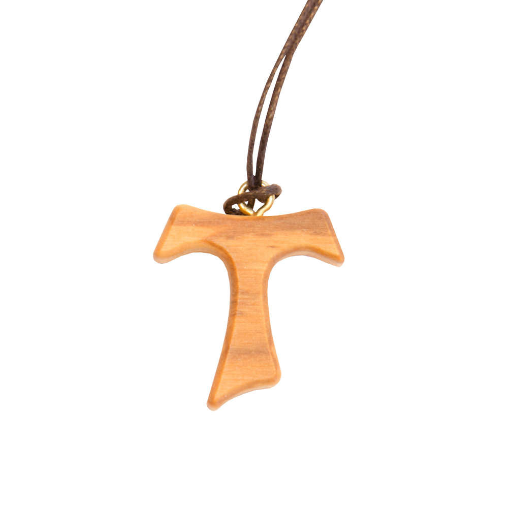 Tau-Kreuz aus Olivenholz, traditioneller Tau-Anhänger mit lederner Halskette für christliche Symbolik.