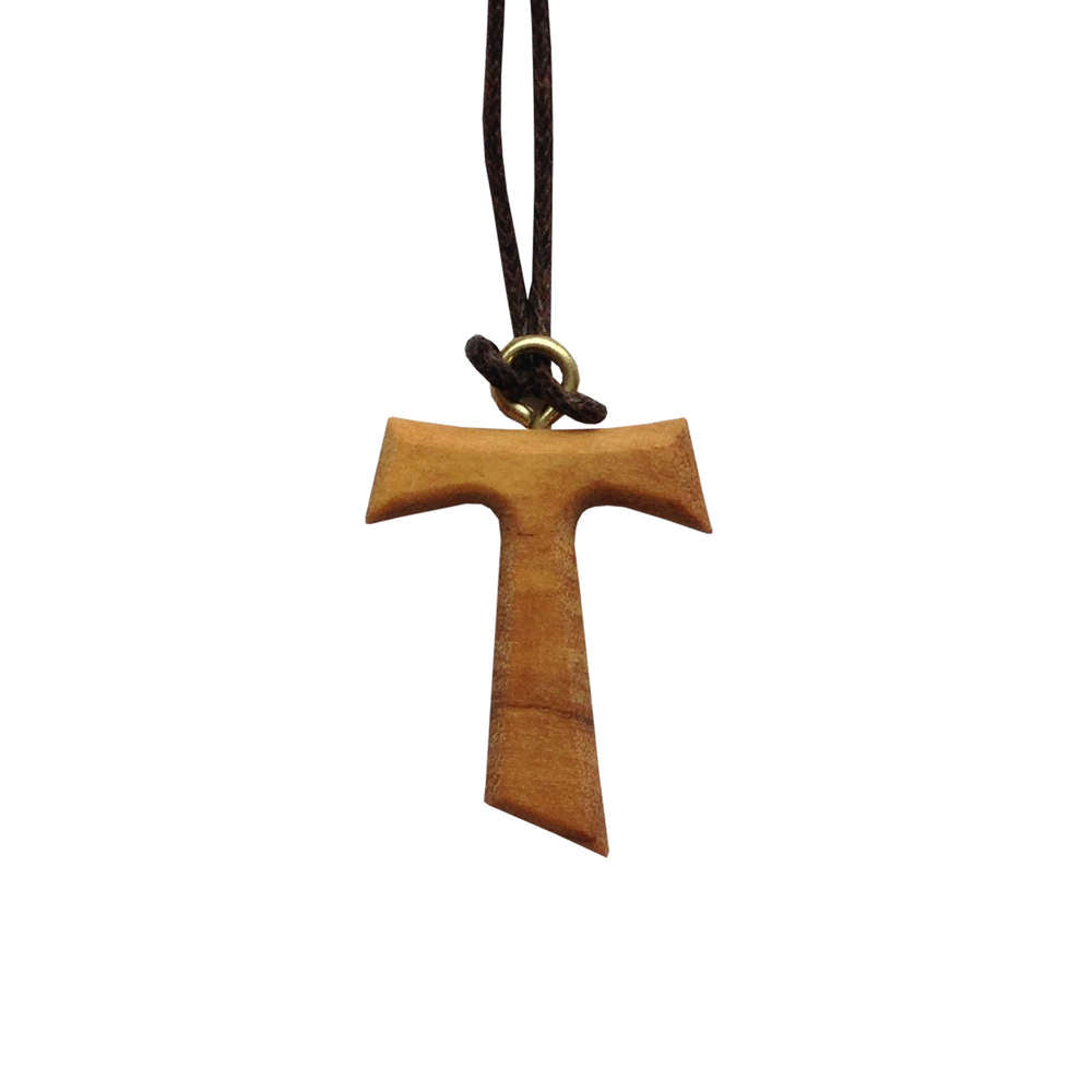 Tau-Kreuz aus Olivenholz mit Lederband, inspiriert vom christlichen Glauben und Franz von Assisi.