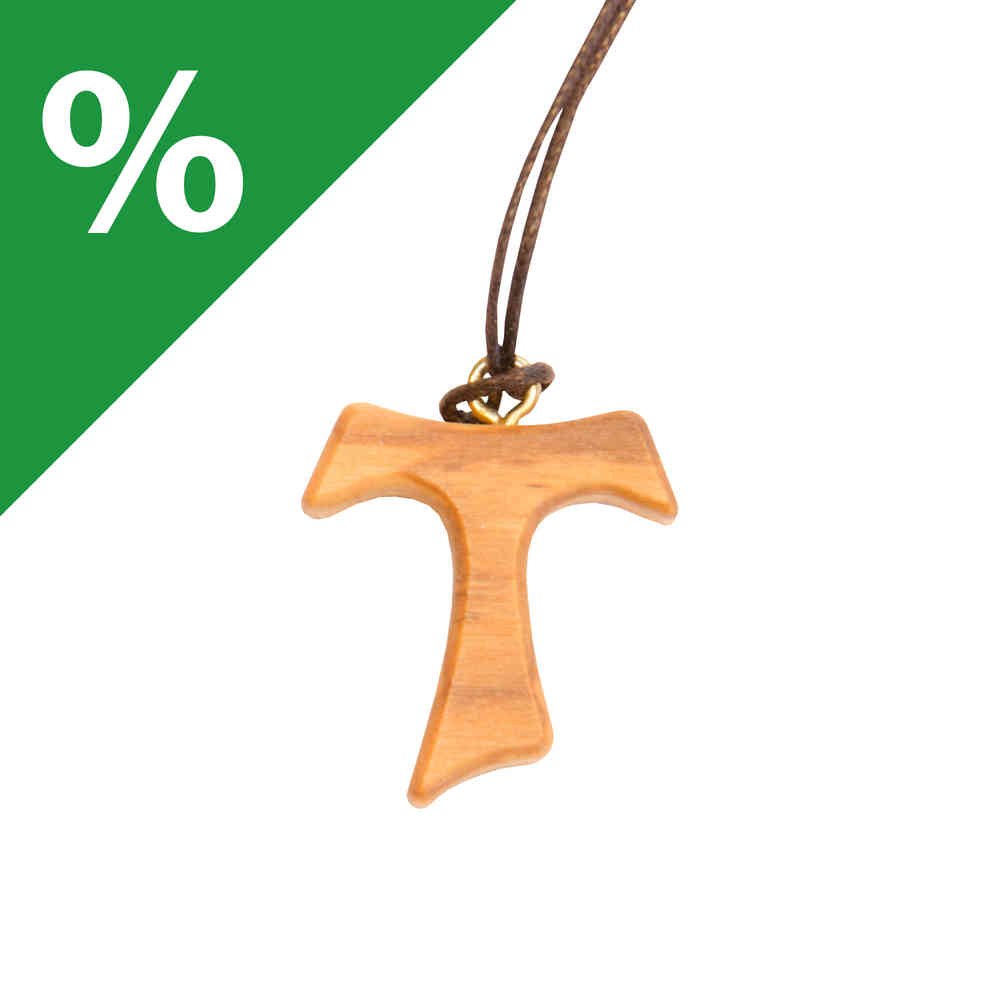 Tau-Kreuz aus Olivenholz als Tau-Anhänger, symbolisiert Demut und Frieden.