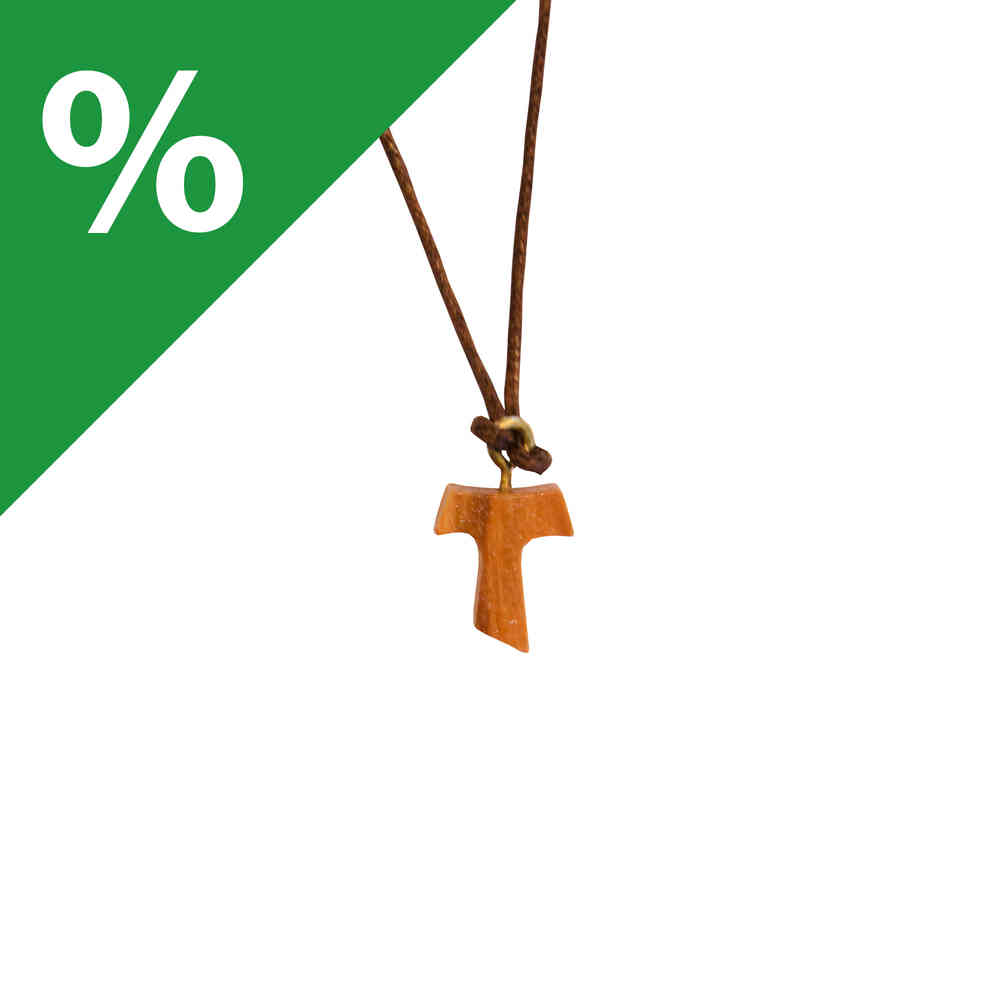 Tau-Kreuz aus Olivenholz als Anhänger mit Lederband, inspiriert von der christlichen Symbolik.