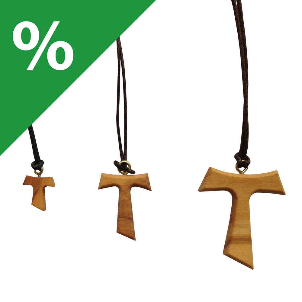 Tau-Kreuz Anhänger aus Olivenholz in verschiedenen Größen mit Schnur zum Tragen.